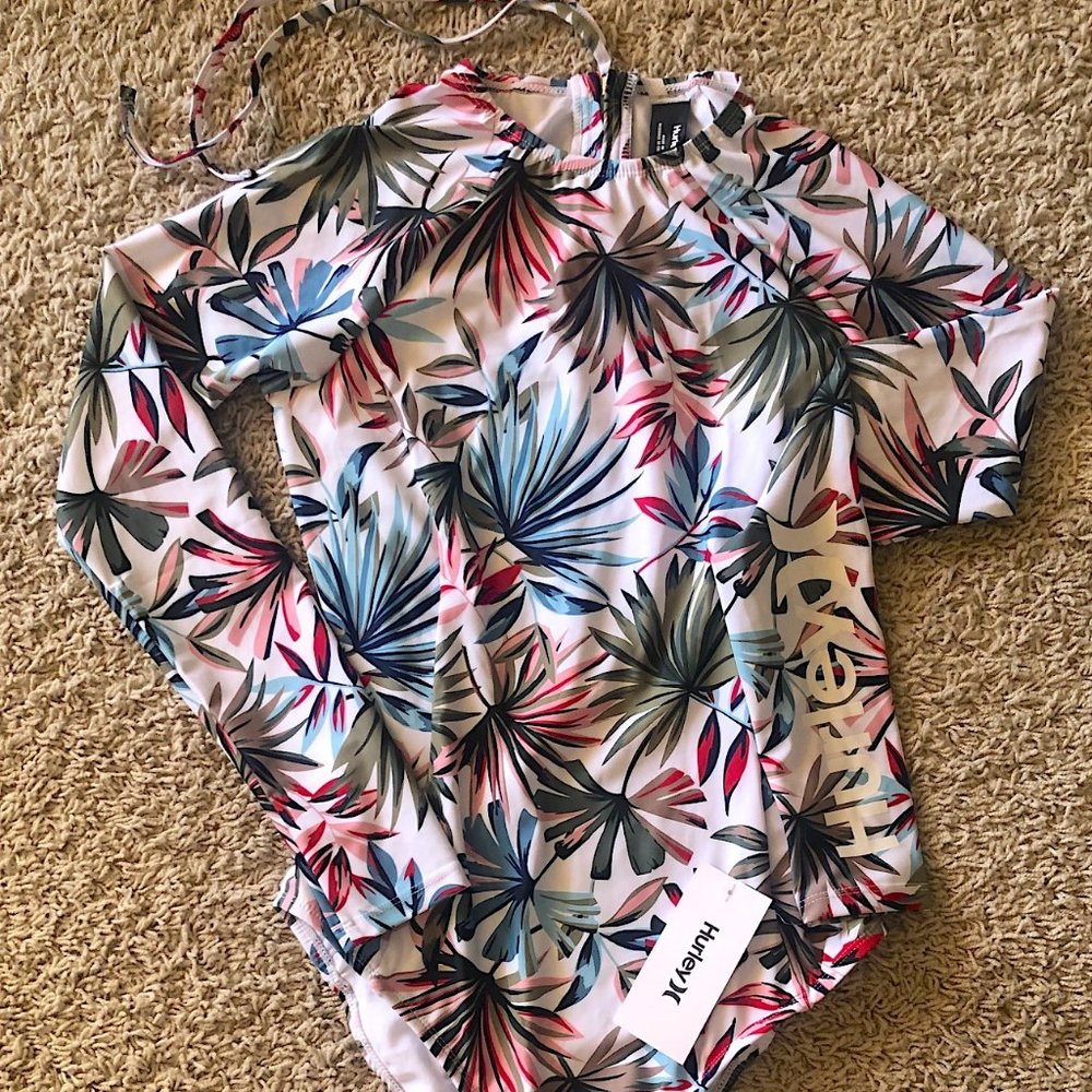 Hurley Women White Multi Leaves Print Long Sleeve Surf Suit Size M NWT - Picture 5 of 6